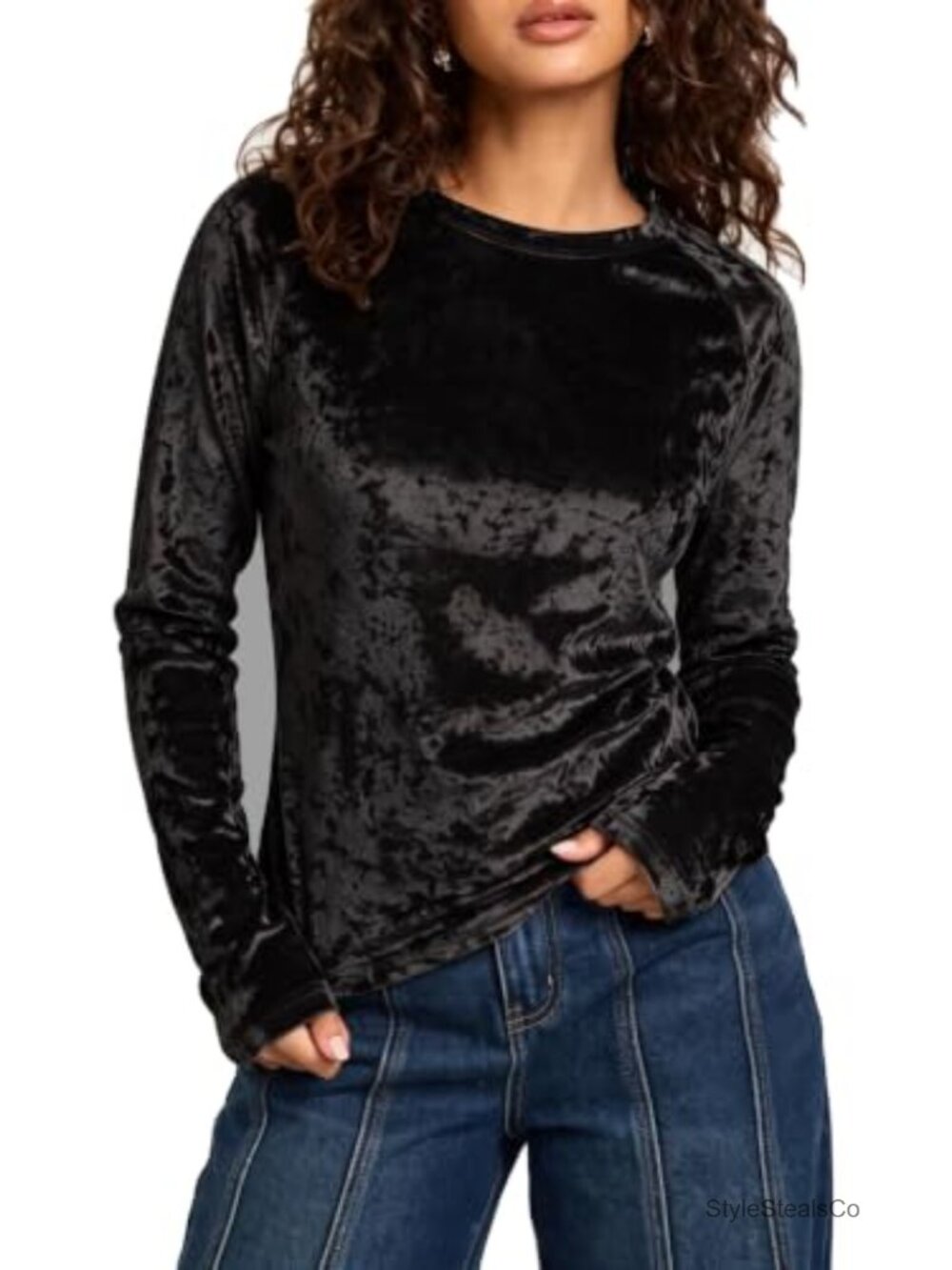 Crushed Velvet Long Sleeve Crew Neck Relaxed Fit Top Blouse